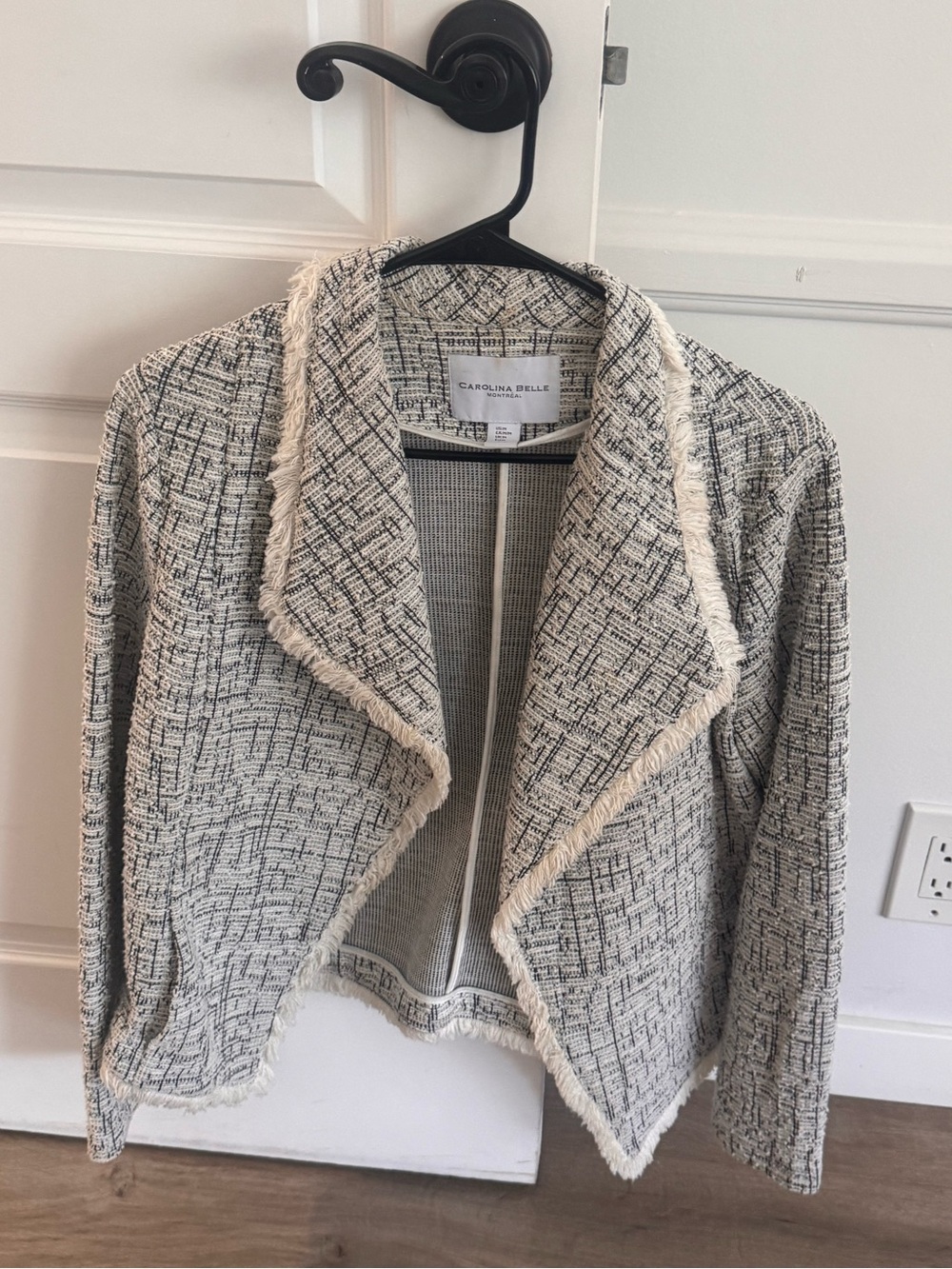 Carolina Belle Cream and Black Tweed Fringe-Trim Jacket